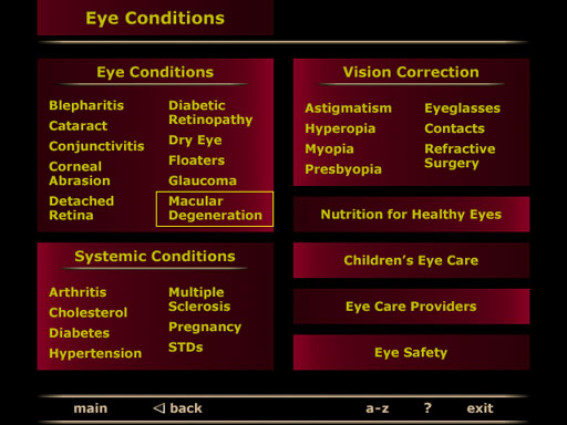 Vision Correction Astigmatism Hyperopia Myopia Presbyopia Eye Conditions Blepharitis Cataract Conjunctivitis Corneal Abrasion Detached Retina Diabetic Retinopathy Dry Eye Floaters Glaucoma Macular Degeneration Systemic Disease Arthritis Cholesterol Diabetes Hypertension Multiple Sclerosis STDs Pregnancy Child Development Eye Safety screenshot